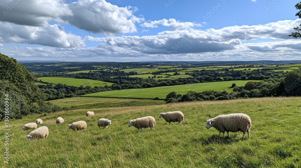 Sheep are calmly grazing in a vibrant green meadow, surrounded by rolling hills and a clear blue sky. Fluffy clouds float serenely overhead, creating a tranquil landscape Sheep are calmly grazing in a vibrant green meadow, surrounded by rolling hills and a clear blue sky. Fluffy clouds float serenely overhead, creating a tranquil landscape