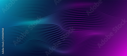 Background design with moving abstract wave glowing dots. Gradient neon lights in blue, purple or pink. Hi-tech or modern technology mood. Sign of human brain energy transformation.