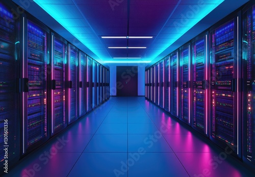 Futuristic data center with glowing pink and blue server racks  advanced lighting  and high-tech networking infrastructure. Ideal for cloud computing  cybersecurity  and IT industry concepts
