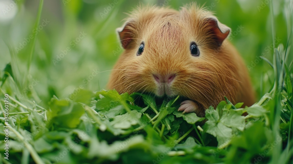Cute guinea pig eating greens in a grassy garden. Possible use pet, animal, nature, healthy eating Cute guinea pig eating greens in a grassy garden. Possible use pet, animal, nature, healthy eating