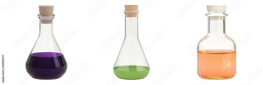 Glass Flasks with Liquid Experiments Display Isolated on transparent background Glass Flasks with Liquid Experiments Display Isolated on transparent background