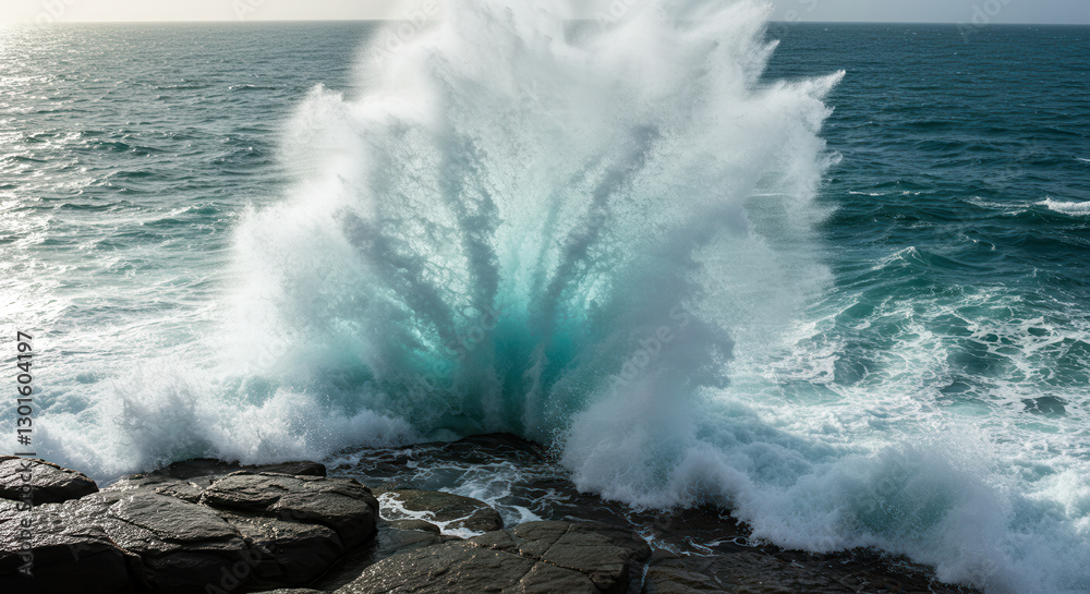 Fototapeta premium Crashing Ocean Waves Against Rocky Coastline at Sunset with Sea Foam and Water Spray