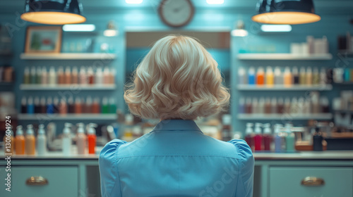 Retro hair salon. The 50s. Hair coloring. The blonde woman. Short hairstyle.