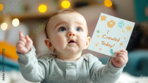 Baby celebrating milestone - close up of infant holding 
