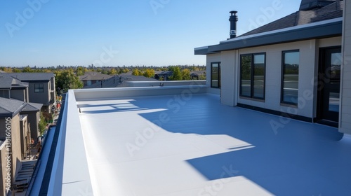 Modern rooftop with white membrane and scenic neighborhood view
