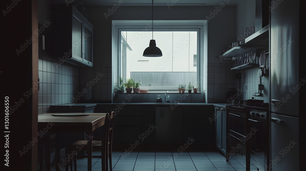 Dark Modern Kitchen with Window and Hanging Light
Dark Modern Kitchen with Window and Hanging Light