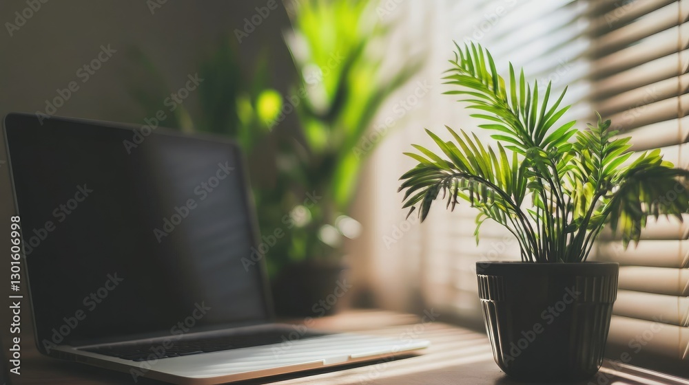 A laptop is on a desk next to a potted plant A laptop is on a desk next to a potted plant