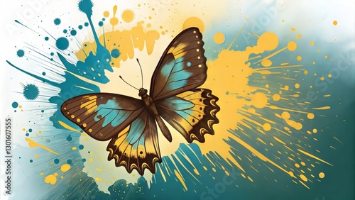 Abstract Butterfly Illustration with Blue and Yellow Paint Splashes