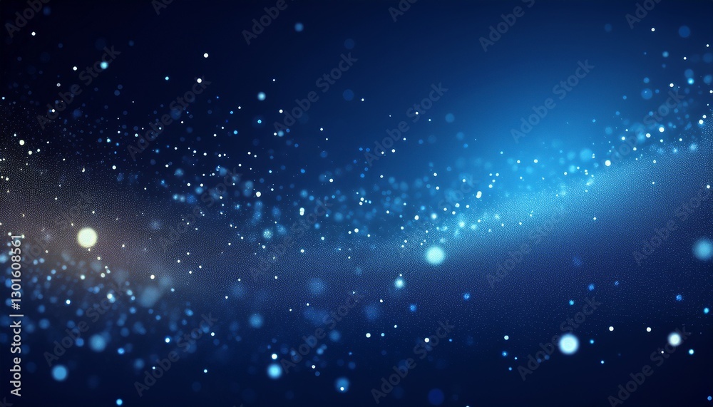 Fototapeta premium Glowing particles on dark blue background, flying glitter, technology abstract blurry banner design
