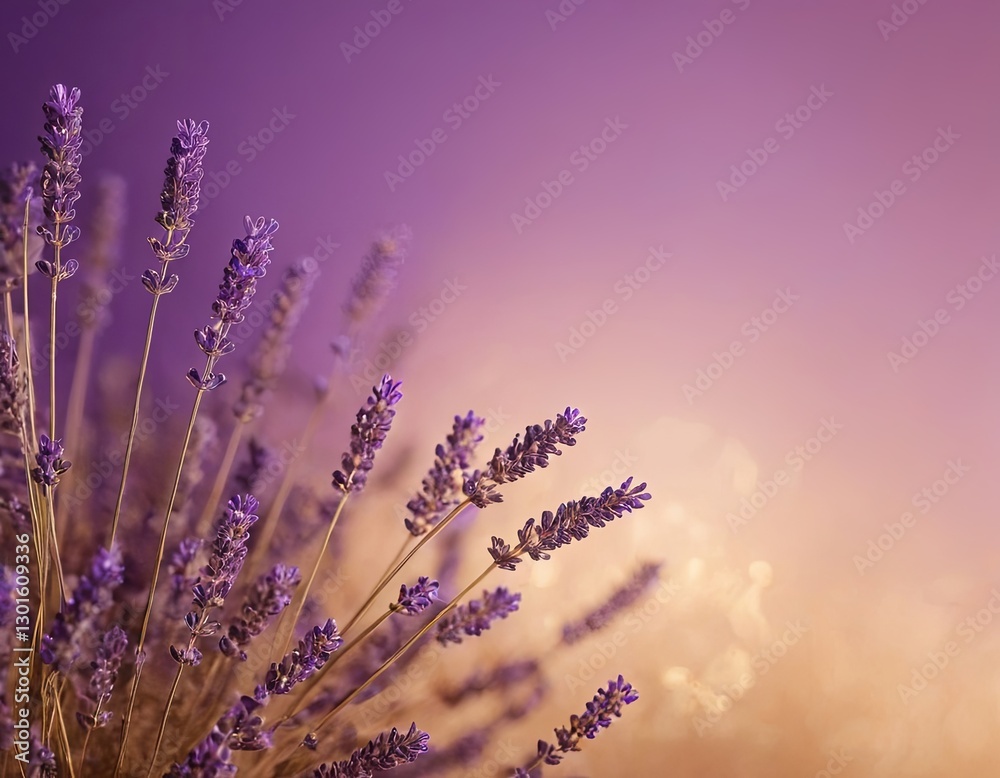 Obraz premium Stunning close-up of lavender flowers with a dreamy purple background, evoking tranquility and beauty.