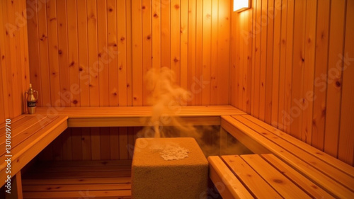 The sauna's walls made of smooth wood panels photo