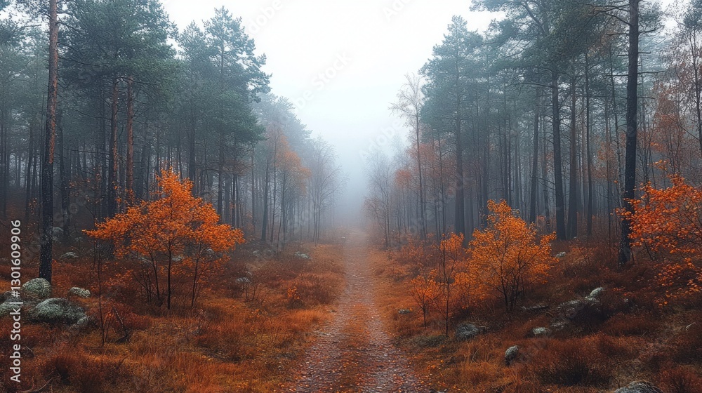Obraz premium A foggy Russian forest pathway stretches into the distance, surrounded by tall trees and vibrant orange leaves. Early autumn creates a serene atmosphere, inviting exploration