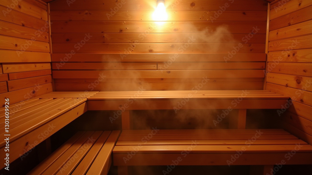The sauna's interior illuminated by soft lighting The sauna's interior illuminated by soft lighting