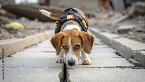 search and rescue dog in harness sniffing along path in debris strewn area, showcasing determination and focus in challenging environment