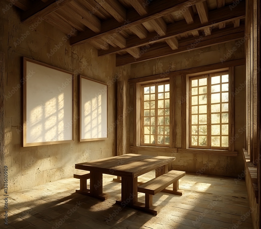 Fototapeta premium Cozy Rustic Interior with Wooden Table and Bright Sunlight