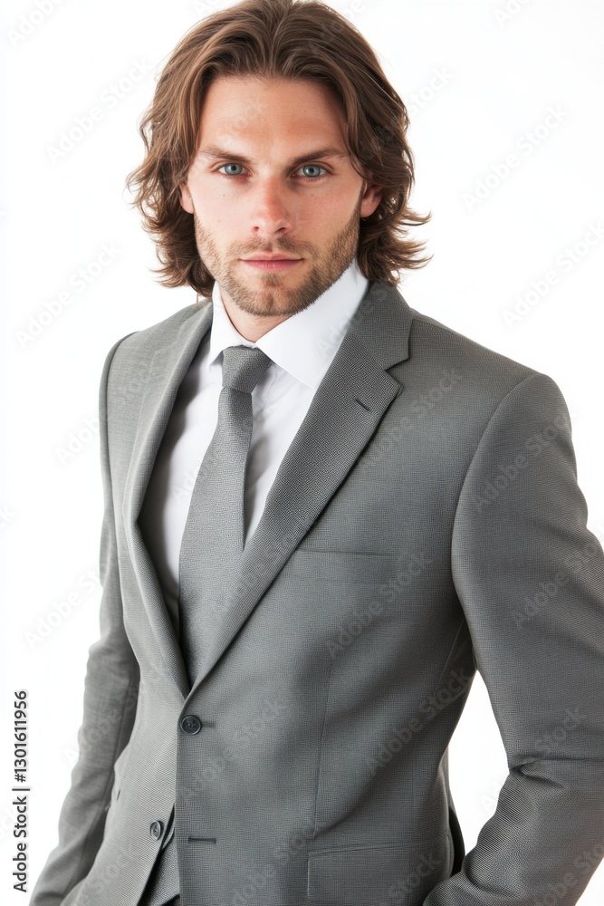 an attractive businessman wearing a gray suit and blue tie, looking at the camera an attractive businessman wearing a gray suit and blue tie, looking at the camera