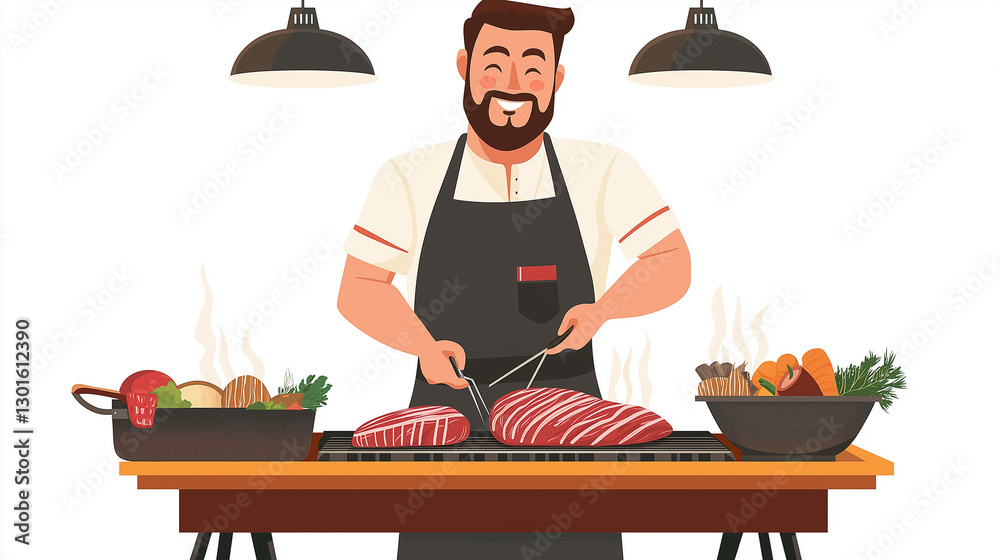 Happy Cartoon Chef Grilling Meat on a Barbecue with Fresh Ingredients - AI Generated Happy Cartoon Chef Grilling Meat on a Barbecue with Fresh Ingredients - AI Generated