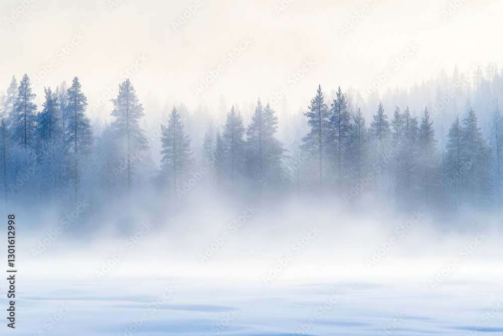 Fototapeta premium Winter background with snow and forest, a blurred blizzard in the sky. Winter scene with copy space
