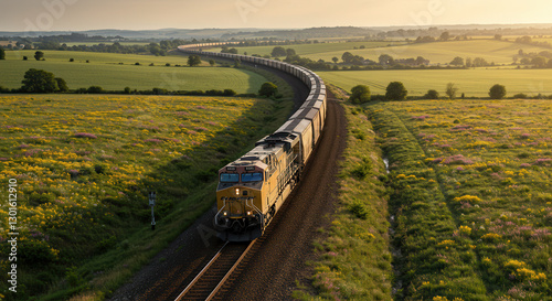 Freight Train at Sunset on Scenic Railway Tracks Through Agricultural Countryside Landscape