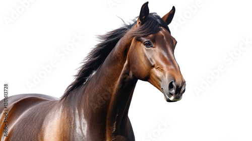 Portrait of a beautiful brown horse with flowing mane on transparent background photo