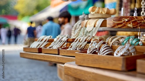Vibrant market scene showcasing various colorful jewelry pieces on display, with shoppers in the background
