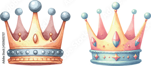 Set of Watercolor illustrated vector pastel cute childish crowns