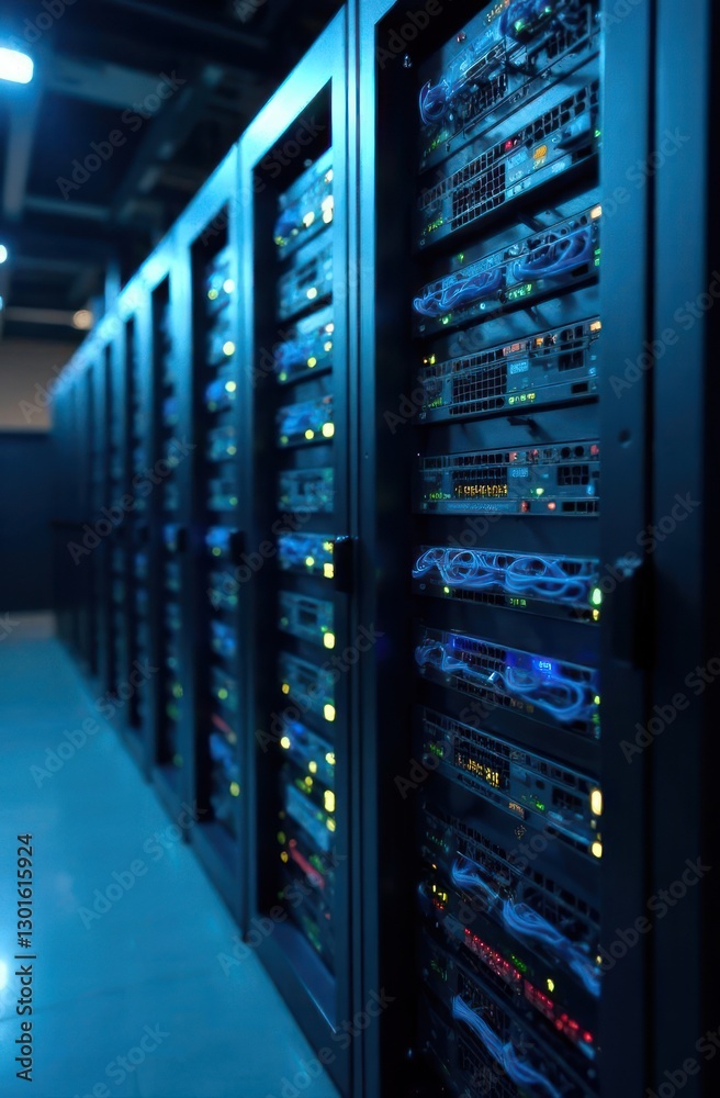 row of illuminated server racks in modern data center. technology and networking concept. data processing, storage infrastructure, cloud computing. digital business environments. row of illuminated server racks in modern data center. technology and networking concept. data processing, storage infrastructure, cloud computing. digital business environments.