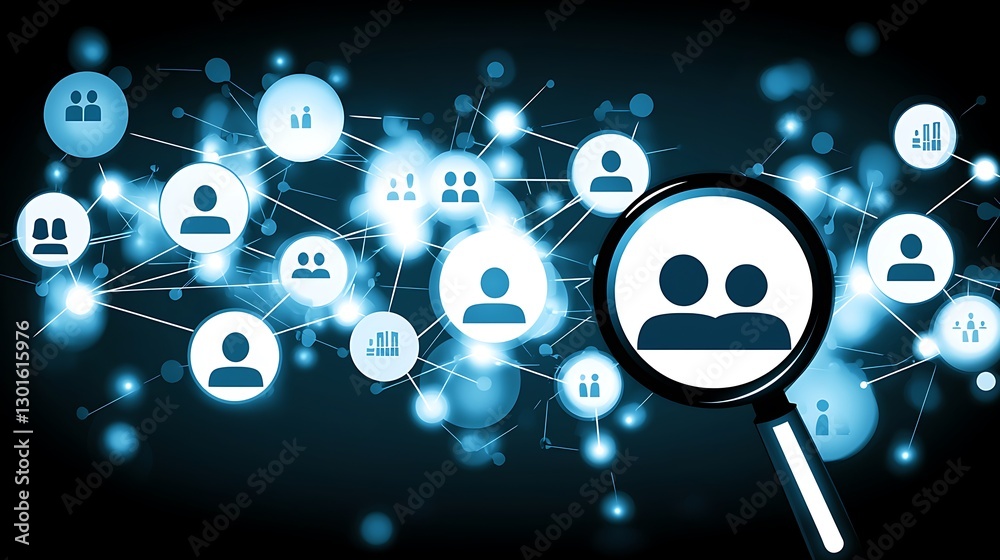 Digital Network Connections with Magnifying Glass Showing People Icons Digital Network Connections with Magnifying Glass Showing People Icons