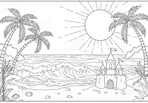 Tropical Beach Scene: Sandcastle under a Sunny Sky