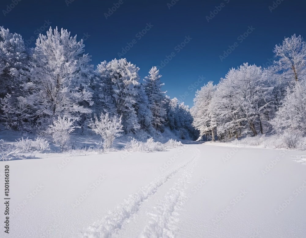 Serene winter landscape with fresh snow and frosted trees under a clear blue sky. Serene winter landscape with fresh snow and frosted trees under a clear blue sky.