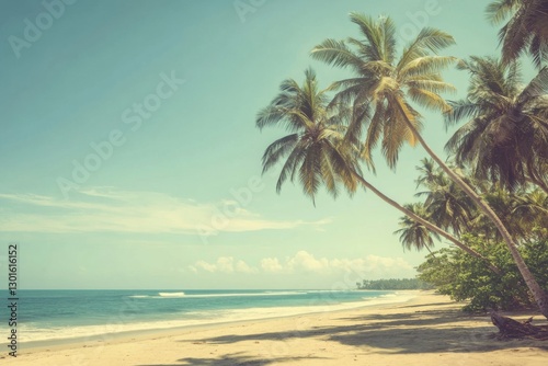 A serene tropical beach with palm trees and crystal-clear water  bathed in the soft glow of sunlight