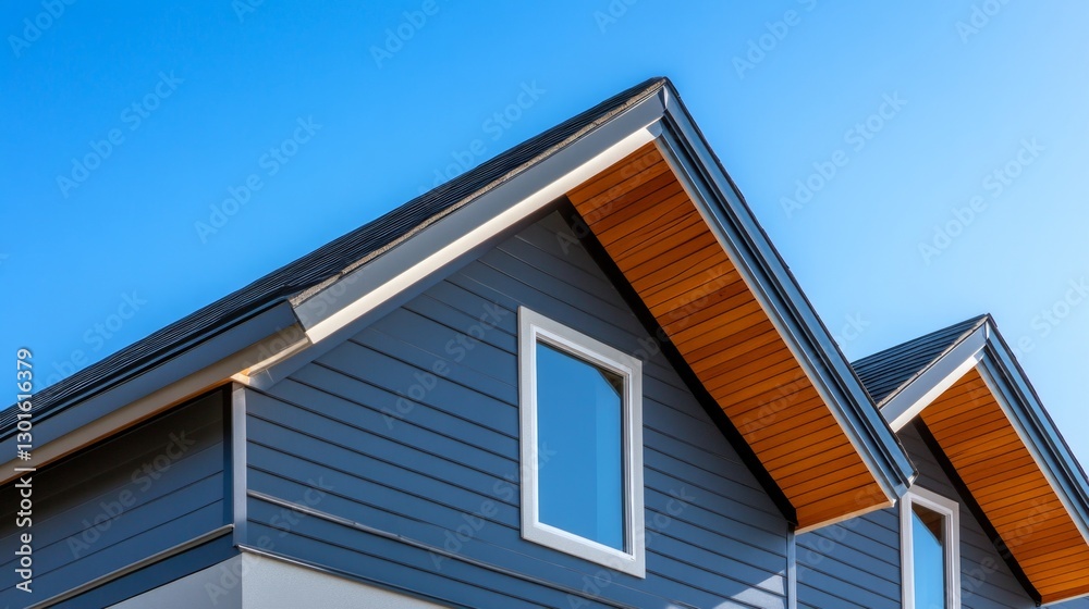 Modern blue house with gable roof and wooden eaves against clear sky Modern blue house with gable roof and wooden eaves against clear sky