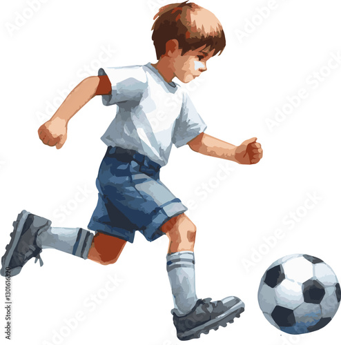 Heartwarmig watercolor vector illustration of a young boy concentrated on playing football