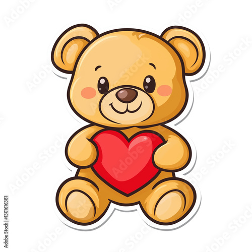 A charming sticker of a teddy bear clutching a red heart, outlined for a playful and cute appearance