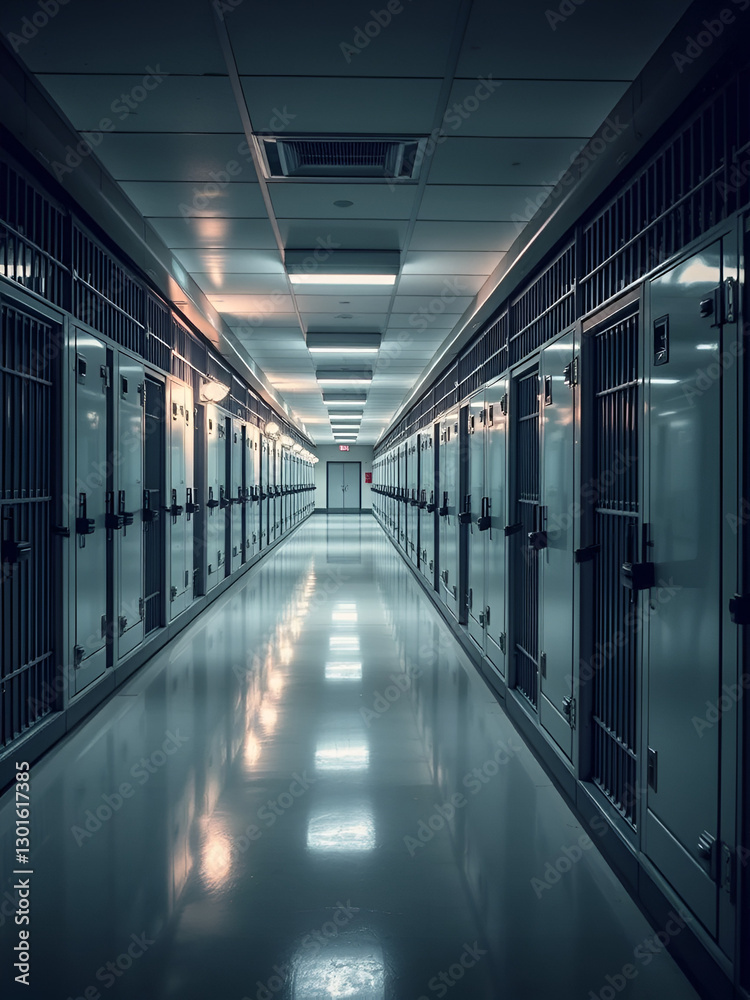 The chilling image highlights the cleanliness and order of a high-security prison with rows of locked cells The chilling image highlights the cleanliness and order of a high-security prison with rows of locked cells