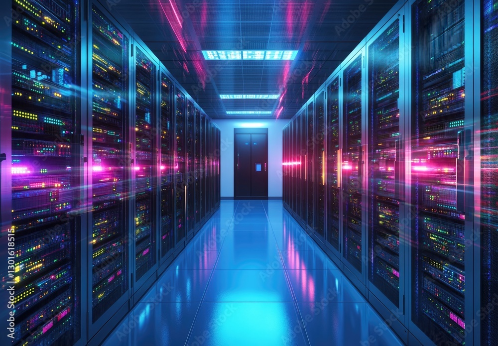Futuristic data center with glowing blue and pink server racks and high-speed data flow effects, representing fast networking and digital connectivity. Ideal for cloud computing, cybersecurity, and IT Futuristic data center with glowing blue and pink server racks and high-speed data flow effects, representing fast networking and digital connectivity. Ideal for cloud computing, cybersecurity, and IT