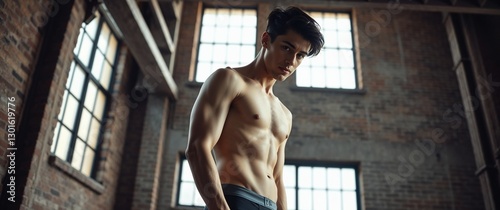 Shirtless male model in underwear leaning against concrete pillar. Generative AI