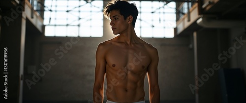 Athletic young man posing in industrial loft with large windows. Generative AI