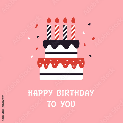 Cute modern happy birthday greeting card. Poster in flat design. Vector party postcard with birthday cake with candles. Festive illustration with happy birthday to you text.