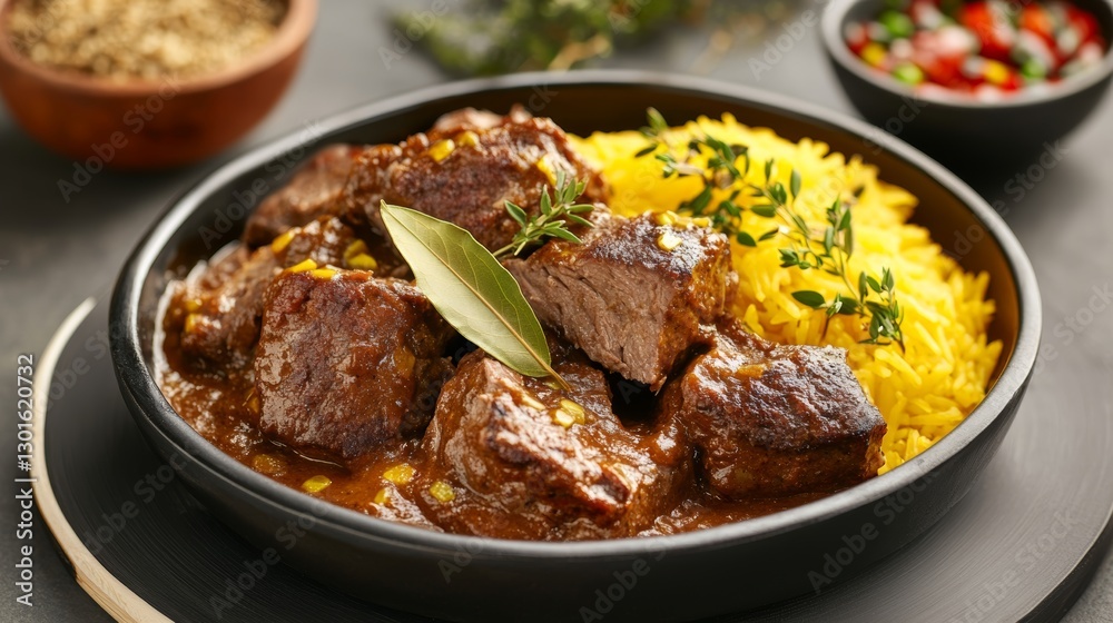 Traditional South African bobotie served in a rustic baking dish with fragrant yellow rice and bay leaves displayed Traditional South African bobotie served in a rustic baking dish with fragrant yellow rice and bay leaves displayed
