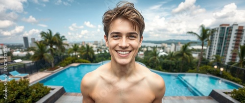 Relaxed young man with a charming smile outdoors. Generative AI