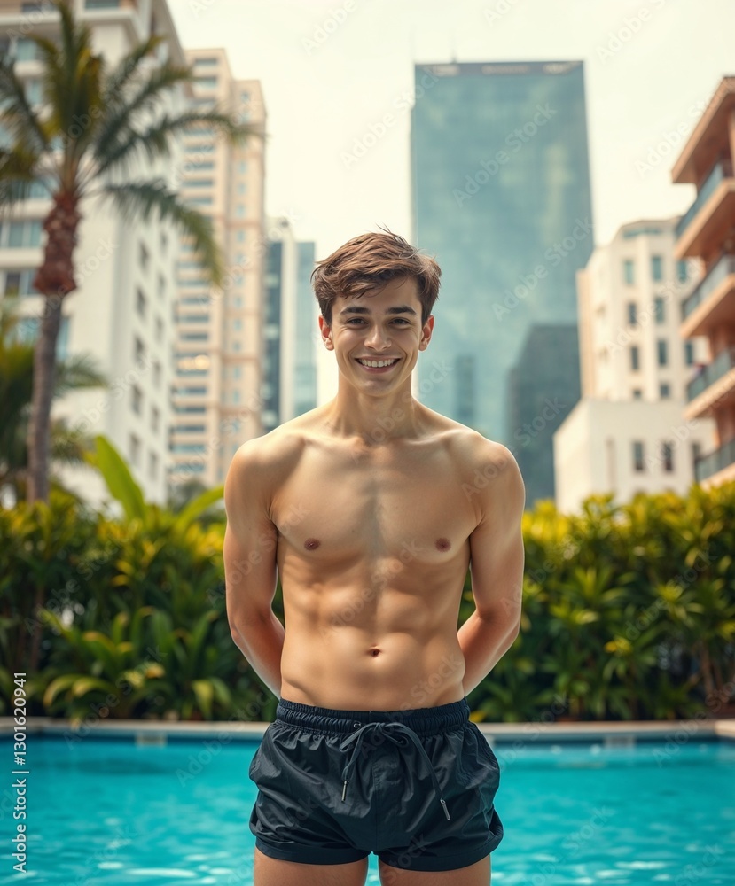 Relaxed young man with a charming smile outdoors. Generative AI