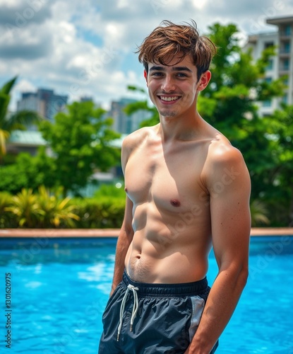 Relaxed young man with a charming smile outdoors. Generative AI
