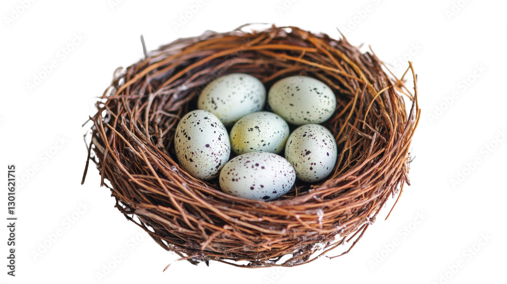Bird nest holding speckled eggs on transparent background Bird nest holding speckled eggs on transparent background