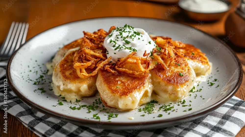 Delicious plate of Polish pierogi filled with potato and cheese, garnished with fried onions and sour cream on a rustic table setting Delicious plate of Polish pierogi filled with potato and cheese, garnished with fried onions and sour cream on a rustic table setting