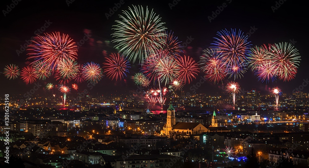 Obraz premium Fireworks Exploding Over City Skyline at Night Celebrating Festival Event