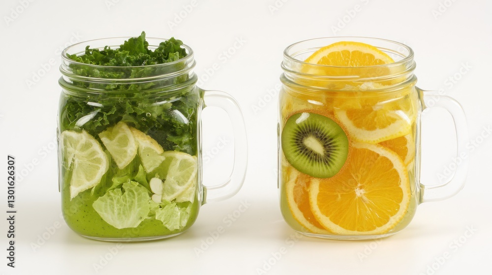 Two mason jar drinks, fruit and vegetable infusions, bright white background, healthy lifestyle Two mason jar drinks, fruit and vegetable infusions, bright white background, healthy lifestyle