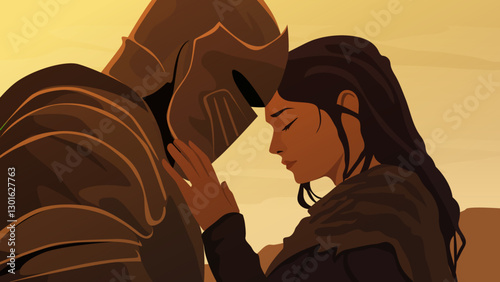 Knight and Woman Saying Goodbye, Medieval couple Artwork