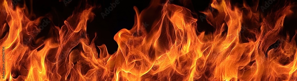 Fiery flames isolated on a black background, a horizontal banner with a copy space area Fiery flames isolated on a black background, a horizontal banner with a copy space area
