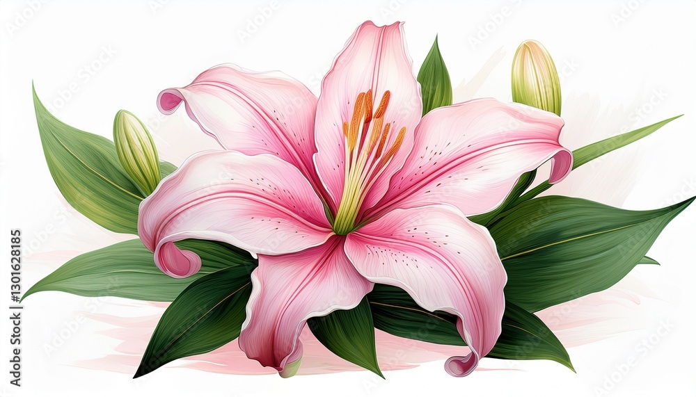 Fototapeta premium Pink lily flower with green leaf isolated on white background